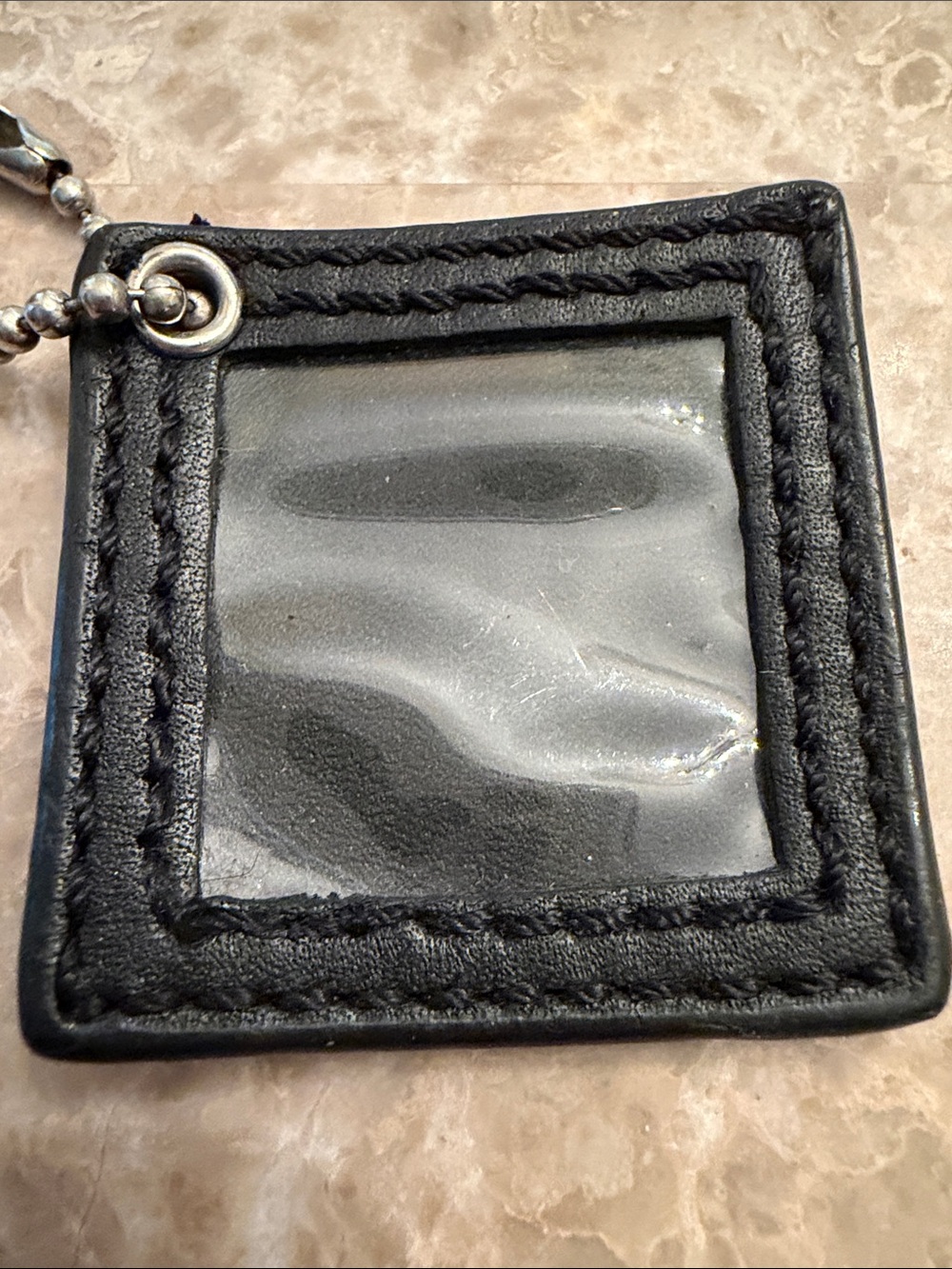 COACH Black Leather photo Holder Bag Charm with Ball Chain. HTF